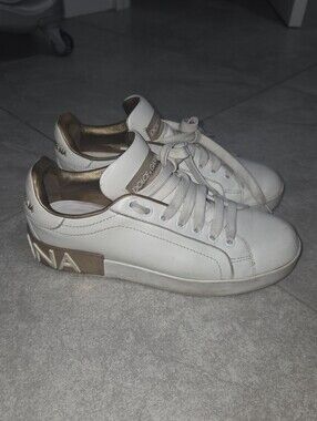 Dolce & Gabbana Portofino Sneakers - White Leather with Gold Trim